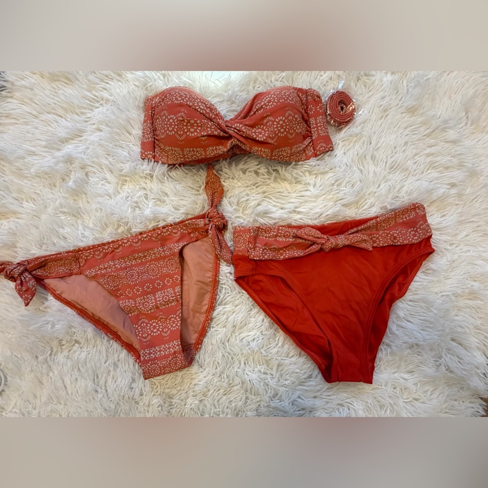 Robin Piccone 3-Piece Bikini Set Bandeau Top + 2 Bottoms Coral / Orange Sz M NWT
